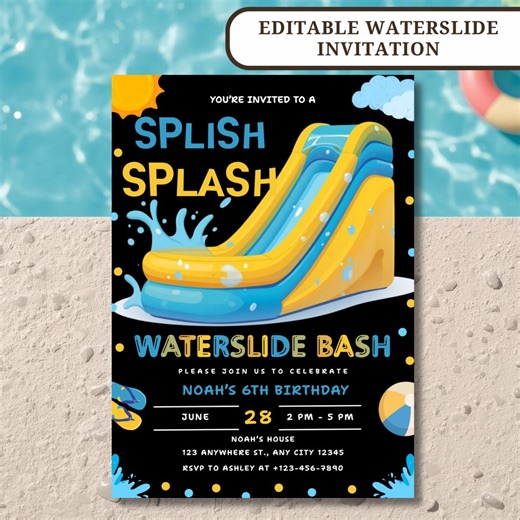 Splish Splash Birthday Invitation Editable Waterslide Birthday Party Invite for Kids, Splash Boy Pool Party Invite Summer Birthday 5x7 Canva - Etsy
