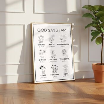 God Says I Am Christian Affirmations Poster, Wildflower Botanical Scripture Art
