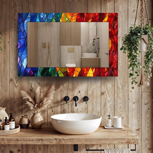 Modern Stained Glass Tempered Mirror, Colorful Geometric Mosaic Wall Art, Luxury Artistic Bathroom Vanity Mirror - Etsy