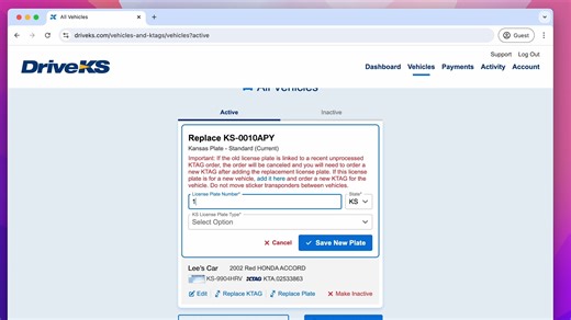 Got a new license plate? If so, make sure to update it in your DriveKS account. License plates identifies your vehicle and serves as a back-up if for whatever reason your KTAG doesn't read. This video show how easy it update the license plate(s) on your account at www.DriveKS.com. | Kansas Turnpike Authority