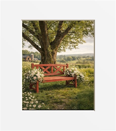 Red Country Bench Floral Farmhouse Home Decor Matted Neutral Wall Art - Etsy