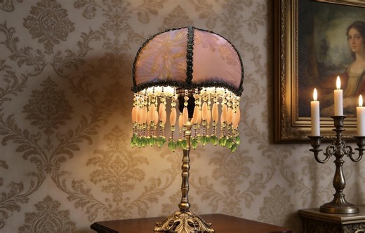 French Countryside Handcrafted Table Lamp, Pink Floral Brocade, Peach Beaded Tassel Fringe, Antique Brass Base - Shabby Chic Vanity Lamp