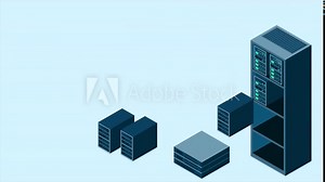 Isometric server animation. Network server room. 3D computer equipment. Storage database. Isometric technology. 4K video animated in isometric style