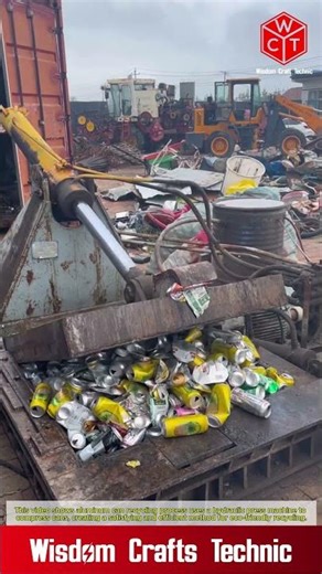 Aluminum can recycling process: satisfying aluminum can compressed with hydraulic press machine