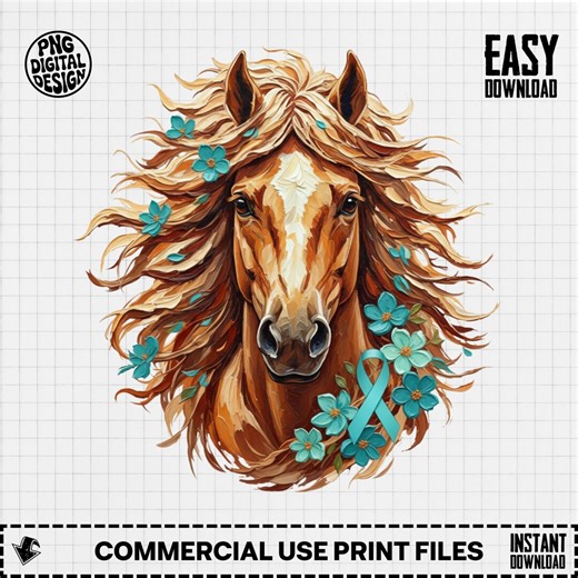 Ovarian Cancer PNG, Teal Ribbon Horse Design, Floral Equine Cervical Cancer Awareness Sublimation Graphic (digital Download) - Etsy