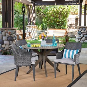 Noble House Ryan Gray 5-Piece Wood and Plastic Outdoor Patio Dining Set with Light Gray Cushions 42772
