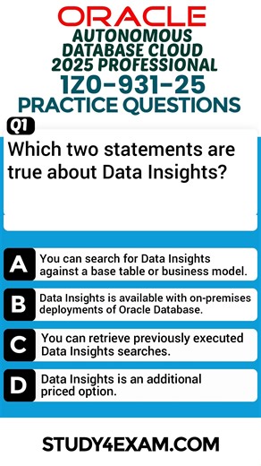 Study4Exam on Instagram: "Oracle 1Z0-931-25 Exam Questions and answers | Practice test Prepare for the Oracle Autonomous Database Cloud 2025 Professional (1Z0-931-25) exam with these free MCQs. Test your knowledge and get ready to pass! 👉 Swipe through the questions 👉 Check answers at the end 👉 Full practice tests available at Study4Exam.com #oracle #autonomousdatabase #cloud #oraclecertification #1Z093125 #study4exam #oracleexam SEO Keywords: Oracle 1Z0-931-25 exam questions, Oracle Autonomo