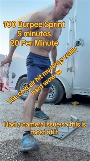 100 #burpee sprint 5 minutes flat 20 per minute Had a camera issue so missed the first 5-10 or so. The cold morning Arizona air hit my lungs really freaking hard today wow. This is a great test though. How many minutes can you go for 20 per minute? My best Is 120/6 and eventually I’ll go for the 140/7 b it that’s going to be tough. #50yrsold #myfitnessjourney #cardioworkout #burpeeschallenge