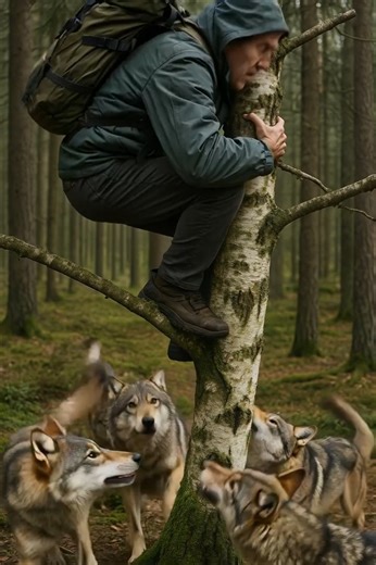 The wolves in the forest surrounded an old man and began to attack: terrified, the elderly man climbed up a tree — but at that very moment, something completely unexpected happened 🫣😱 The man had been walking through the forest for several hours. He just wanted to stroll along the familiar paths and breathe in the fresh air. Everything was calm — until he heard the sound of branches cracking behind him. He turned around and froze: out from the trees emerged a pack of wolves. There were many — 