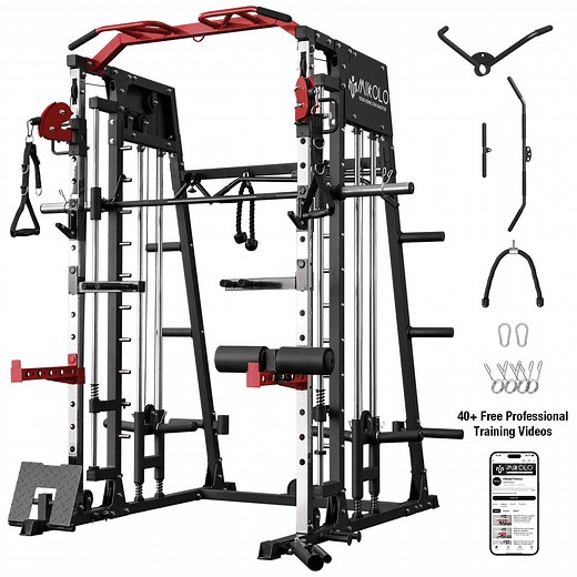 Mikolo Smith Machine Home Gym, 2200 lbs Power Rack Cage with Cable Crossover, Weight Bar, 360° Landmine, Barbell Holders and Other Attachments, Total Body Strength Training Cage