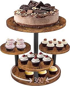 Cupcake Stand, Rotatable Cupcake Stand, Wood Cake Stand Cupcake Tower, Rustic Dessert Table Display Set Tiered Tray Stand, Round Serving Tray Cake Stands for Party Wedding Birthday