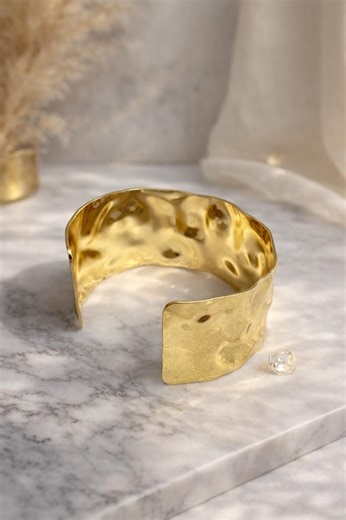 Hammered Gold Cuff Bracelet - Adjustable Wide Brass Bangle - Minimal Statement Jewelry - Etsy