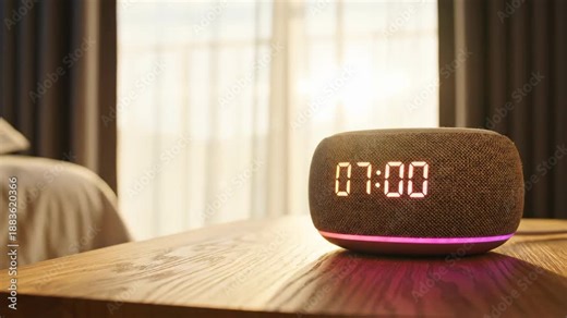 Cinematic closeup of smart speaker clock changing time from 7:59 to 7:00 on wooden bedside table. Glowing digital display in bedroom with curtains and morning light for wake up alarm concept.