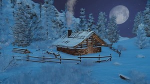 Dreamlike winter scenery. Cozy little hut among snow-covered fir trees high in mountains at snowfall night with big moon. Realistic three dimensional animation.