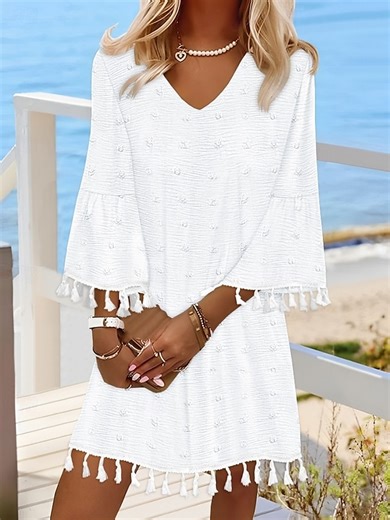 Women's Mini Dress Fringe Dress Elegant Dress Elegant Bell Sleeve Regular Fit Solid Color 3/4 Length Sleeve V Neck White Pink Orange Green Fall 2025 - $24.99