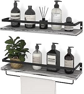 Floating Shelves for Wall, Bathroom Shelves with Towel Bar, Wall Mounted Storage Shelves for Kitchen, Bathroom, Set of 2 Grey