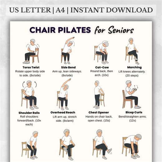 Chair Pilates for Seniors Printable | Seated Workout Chart for Older Adults | Low Impact Exercise Poster | Gentle Home Fitness Routine PDF - Etsy