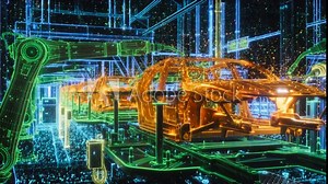 Top View Autonomous Factory Operation with Advanced Robot Hands Building Cars. Computer Vision and Digital Twin Technologies. Industrial Automation of Future Green Energy ESG EV Production