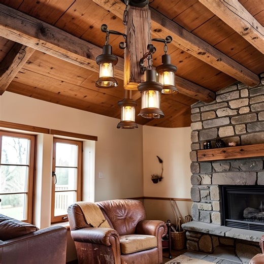 Rustic Wood Beam Lantern Chandelier, 4-light Farmhouse Pendant, Wrought Iron Glass Fixture - Etsy