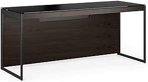 BDI Furniture Sequel 20 6101-66'' Office Desk for Home or Office with Back Panel, Wire Management, Keyboard Drawer, Power Management, Satin-Etched Tempered Glass Top, Charcoal Stained Ash, Black