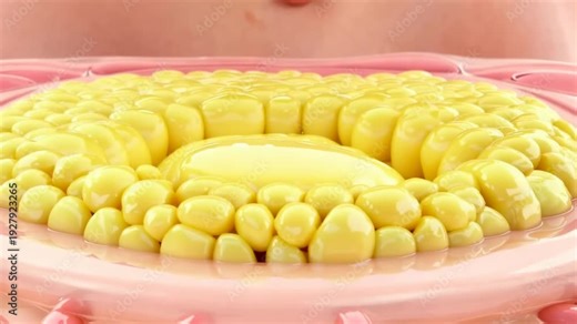 Close up animation of subcutaneous fat cells and adipose tissue showing structure and impact of liposuction for science and health