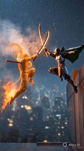 Ramen Ninja vs Sushi Assassin — Rain Rooftop IMAX Clash (10s)