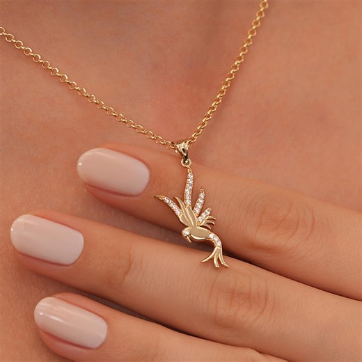 14k Gold Flying Bird Necklace • Crystal Charm, Dainty Animal Jewelry - Etsy