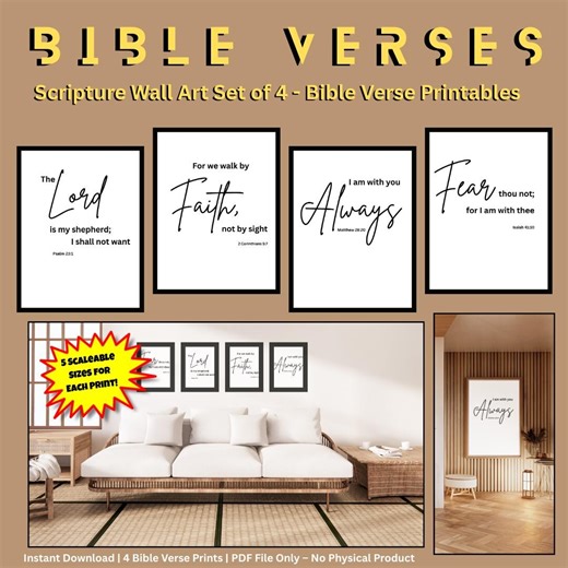 Scripture Wall Art Set of 4 | Bible Verse Printables | Digital Download With Multiple Sizes & Inspirational Decor - Etsy