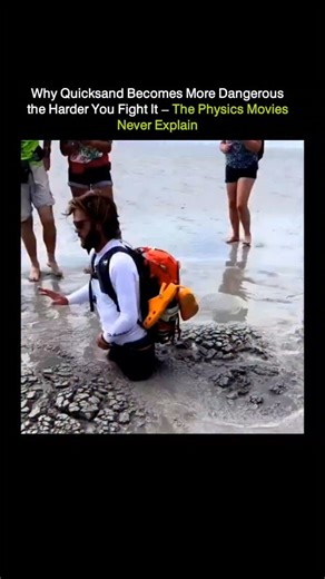 Explaining universe on Instagram: "Quicksand isn’t a bottomless trap. It’s a lesson in fluid dynamics 🧠 What looks solid is actually a supersaturated mix of sand and water. The moment you apply force, the structure collapses and behaves like a liquid. Here’s the mistake most people make 👇 Struggling makes it worse. When you fight, you force water out of the sand, packing the grains tightly around your limbs and creating a powerful suction effect that feels impossible to escape. The solution is