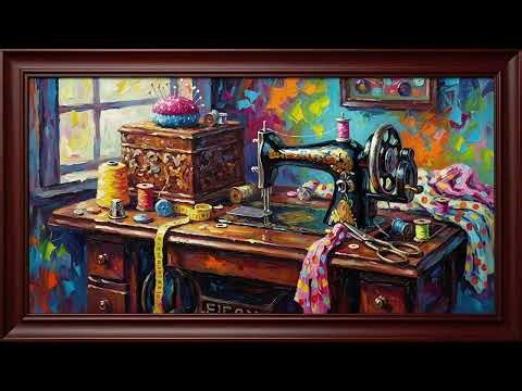 Vintage Sewing Room Painting | Dark Wood Frame TV Art | Colorful Craft Table Screensaver - 2 Scenes