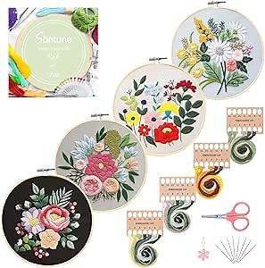 Santune 4 Pack Embroidery Kit for Beginners with Embroidery Patterns, Cross Stitch Kits for Beginners with Instructions,Embroidery Kits for Adults Include 1 Embroidery Hoops,Threads and Needles