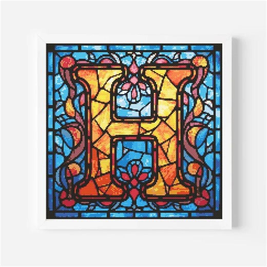 Letter H Initial Stained Glass Mosaic Cross Stitch Pattern: Monogram Embroidery (PDF Download) - Etsy