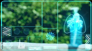 Covid virus analysis and digital graph bar border blue screen monitor and blur gel bottle