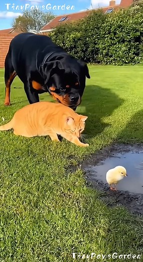 569K views · 8.5K reactions | Cat Was Hunting the Chick… Until the Rottweiler Stepped In ➡️‍了  100% AI video for fun & laughs! Every scene is digitally created — no real animals, babies, or people.  Enjoy and share!  No reuploads. #AIreel #AIfunny #AIanimals #AIfun #CreativeAI #AIvideo #AImagic | Tiny Paws Garden | Facebook