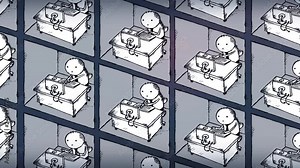 Cartoon office employees in cubicles. Workers in a big office. They are working all day with no break. Seamles loop of the futuristic society.