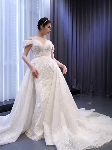 Luxury Beaded Pearl Sheer High Neck Wedding Dress with Removable Sleeves #weddingdress #weddinggown