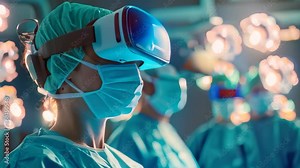 Surgeons wearing VR headsets while performing surgery in a modern operating room, Doctors using virtual reality to perform surgery with pinpoint accuracy