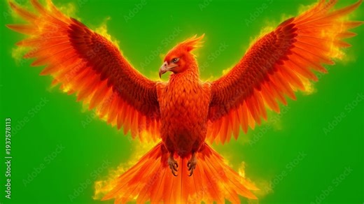 Phoenix rising from flames against green screen background in fiery display of wings