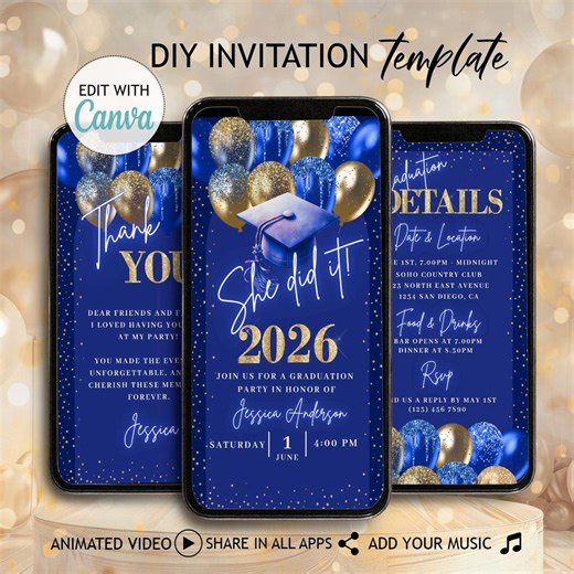 Royal Blue Gold Graduation Invitation Template DIY Class 2026 Senior Graduation Party Invite Balloons Dinner Video Animated Graduation Evite - Etsy UK