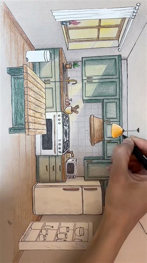Complete Kitchen Drawing in 15s! 📐 One-Point Perspective Time-Lapse