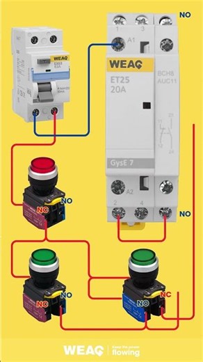 3-Button Control: Manual AC Contactor with RCCB Protection.