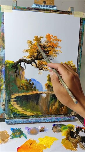 Easy Golden Tree Painting on Mountain Peak | Acrylic Landscape Tutorial 🌄
