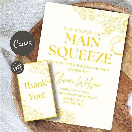 Main Squeeze Bridal Shower Invitation, Lemon Bridal Shower Invite, Citrus Theme Bridal Party, Editable Canva Template, Instant Download - Etsy
