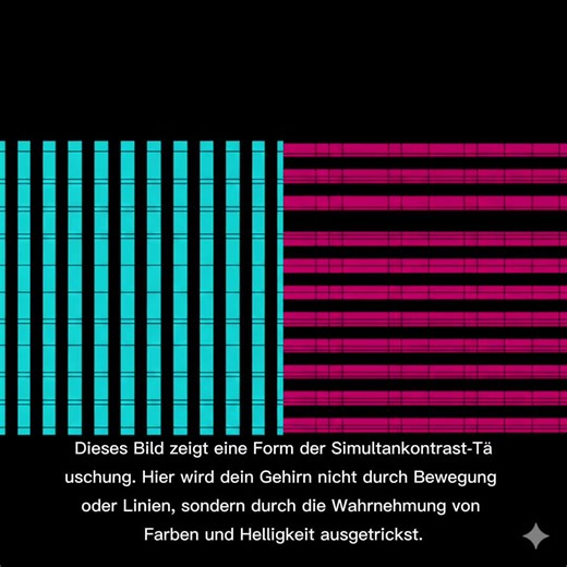 Dieses Bild zeigt eine Form der Simultankontrast-Täuschung, Matthias. Hier wird dein Gehirn nicht durch Bewegung oder Linien, sondern durch die Wahrnehmung von Farben und Helligkeit ausgetrickst. ​Der Effekt: Was passiert hier? ​Obwohl es so aussieht, als hätten die Farben auf der linken Seite einen anderen Charakter oder eine andere Intensität als auf der rechten Seite, liegt das primär an den Hintergrundfarben und den Begrenzungslinien. ​Farbliche Beeinflussung: Dein Auge sieht eine Farbe nie 