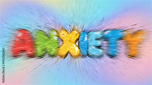 Colorful bubble text of the word anxiety exploding against a pastel gradient background