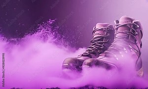 A pair of purple hiking boots ready for an adventure on a dusty trail