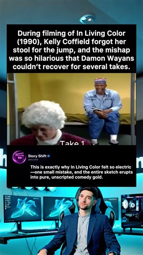 During filming of In Living Color(1990), Kelly Cofield forgot her stool for the jump, and the