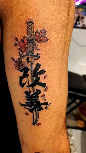Japanese Sword Kanji Tattoo 🔥 Cherry Blossom Arm Tattoo | Creative Tattoo Studio