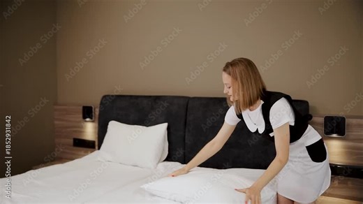 Housekeeper in uniform making a hotel bed, placing a clean pillow, ensuring quality hospitality and comfort for visitors