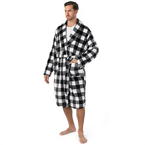 PAVILIA Mens Robe, Soft Plaid Robe for Men, Fleece Warm Long Bathrobe for Bath Shower Spa with Shawl Collar and Pockets, Plush Microfiber - Black and White Buffalo Plaid Checkered